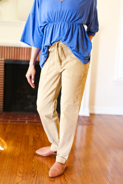 Explore More Collection - Feeling Femm' Khaki Garment Dyed Drawstring Jogger Jeans