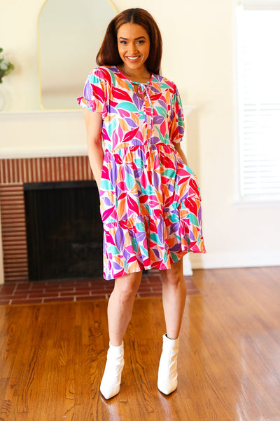 Explore More Collection - Feel Your Best Multicolor Floral Tiered Front Tie Pocketed Dress