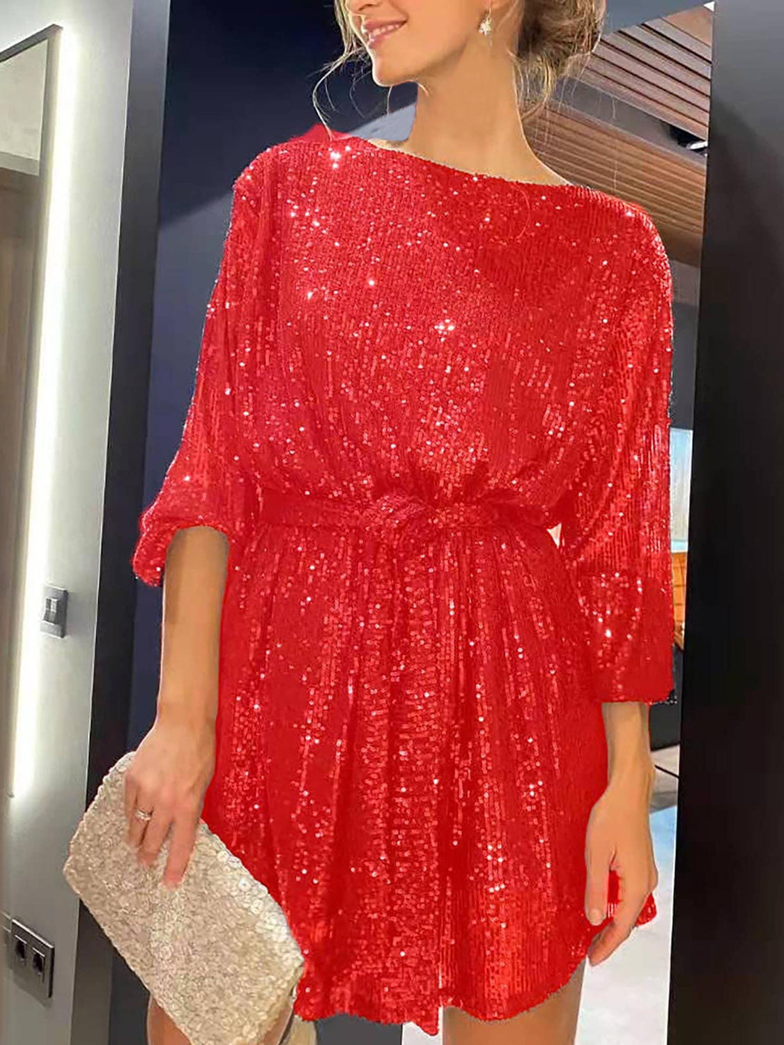 red sequin long sleeve mini dress Long Sleeve Short Sequin Sylvia Hoco Dress