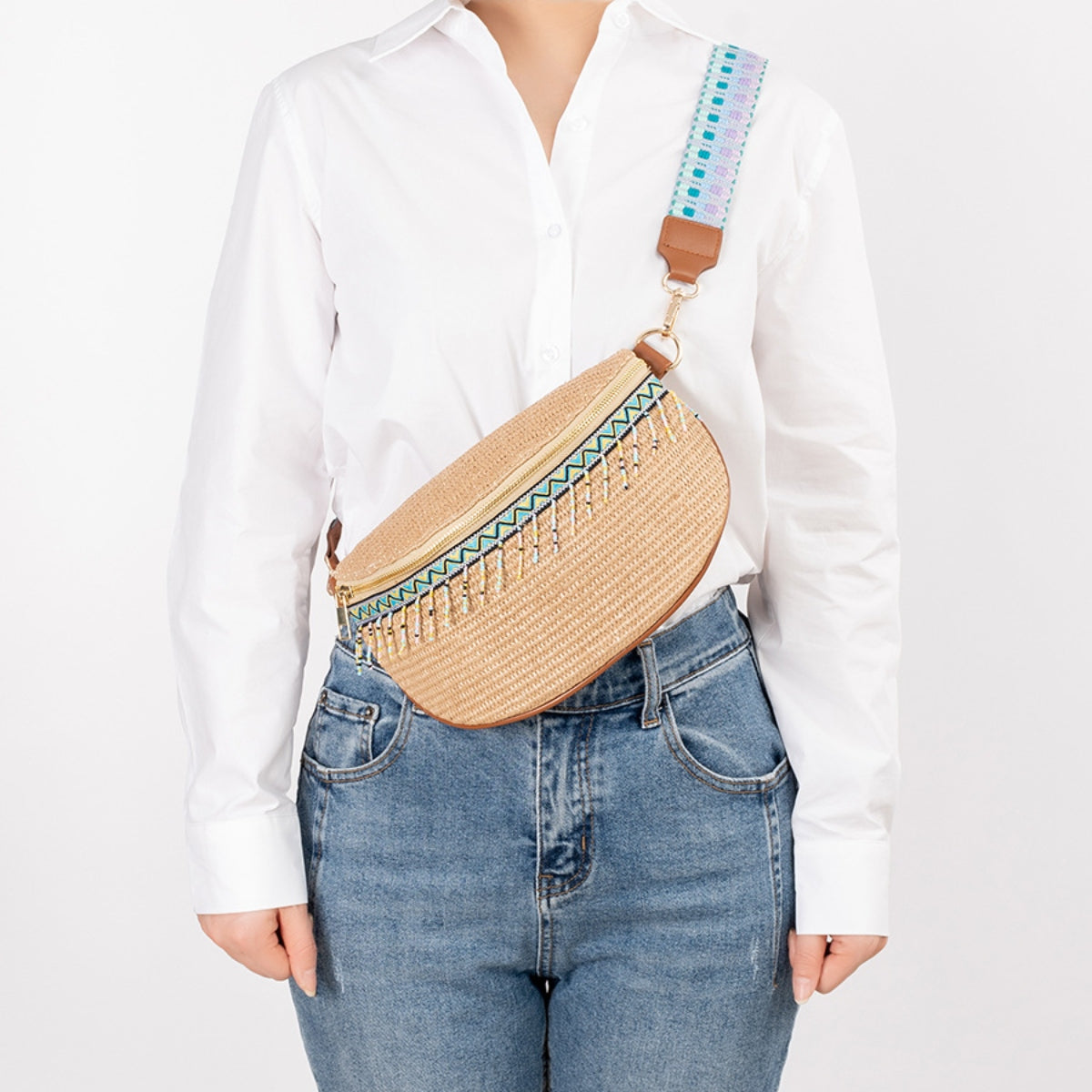Explore More Collection - Bead Trim Straw Weave Crossbody Bag