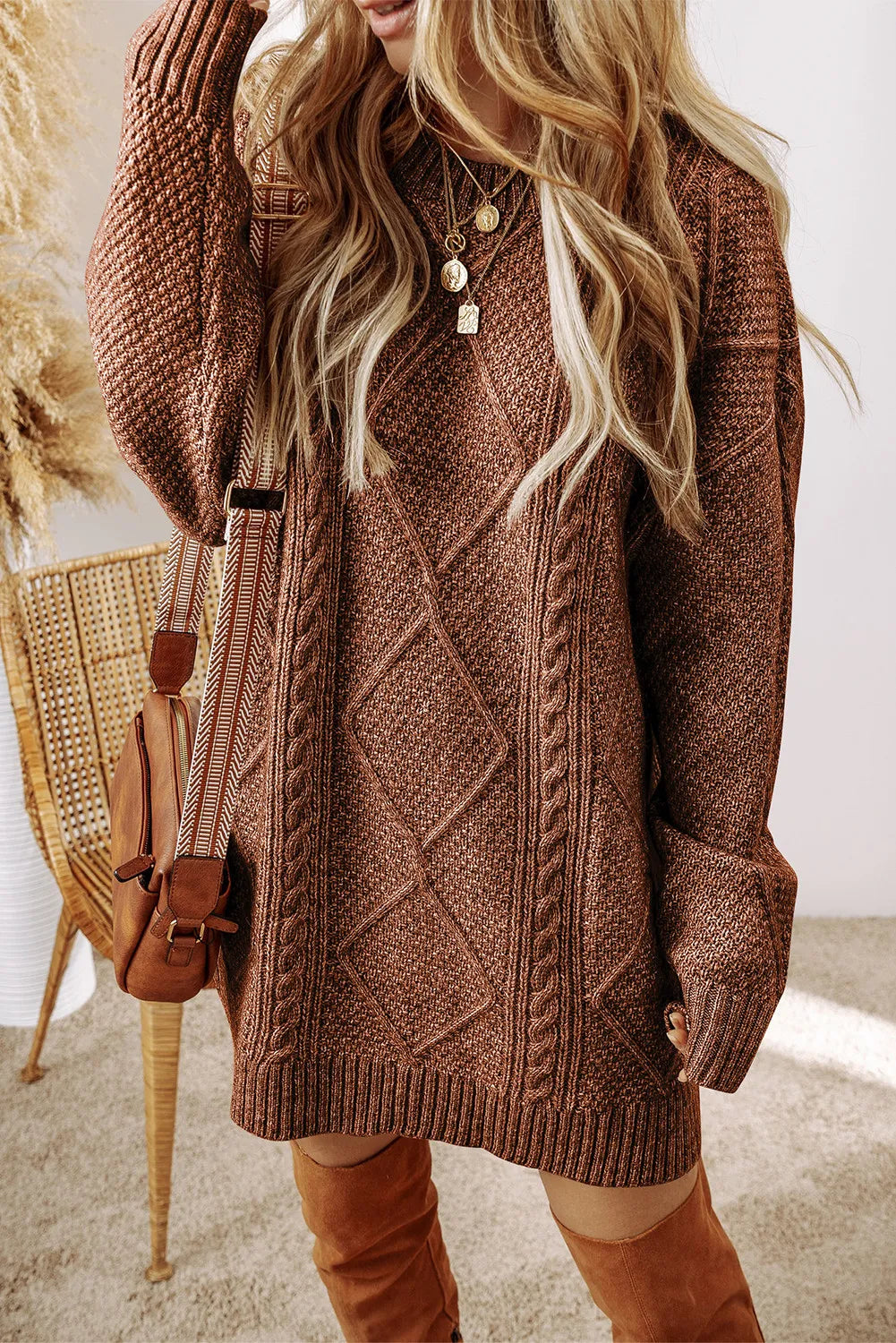 Explore More Collection - Cable-Knit Round Neck Sweater Dress Taupe / XL Explore More Collection - Cable-Knit Round Neck Sweater Dress Taupe / XL