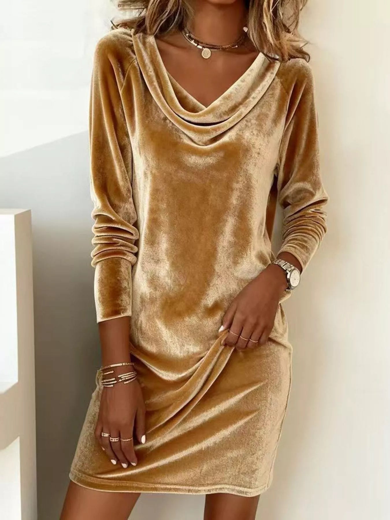 Explore More Collection - Velvet Cowl Neck Long Sleeve Mini Dress