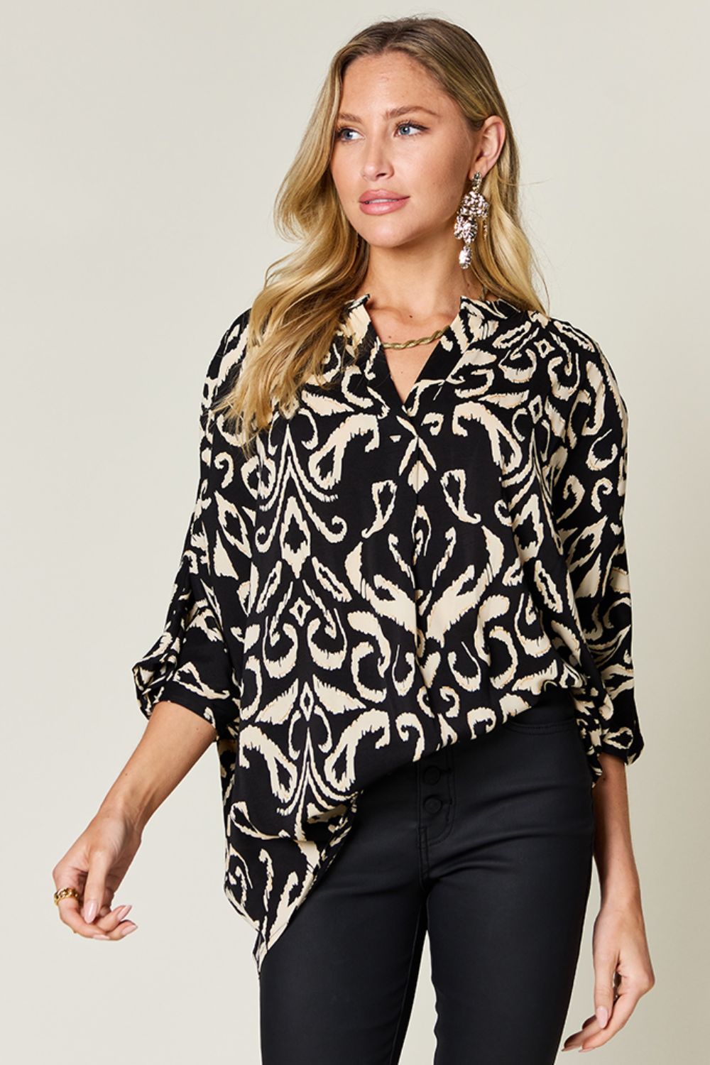 Explore More Collection - Double Take Full Size Printed Notched Half Sleeve Blouse