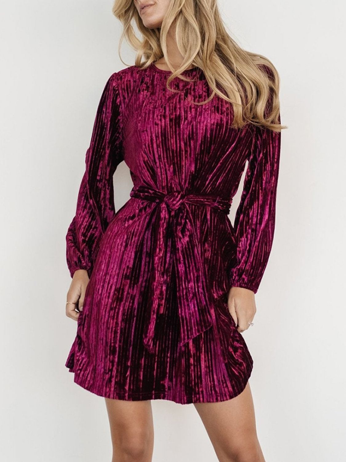 Explore More Collection - Velvet Round Neck Tie Waist Long Sleeve Mini -  Lizzie's Boutique