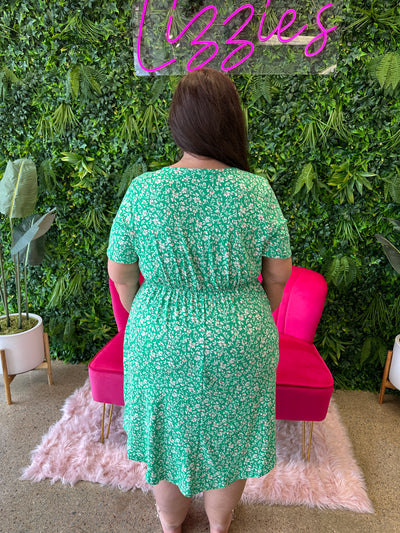Tinley - A Short Sleeve Green Floral Midi Dress