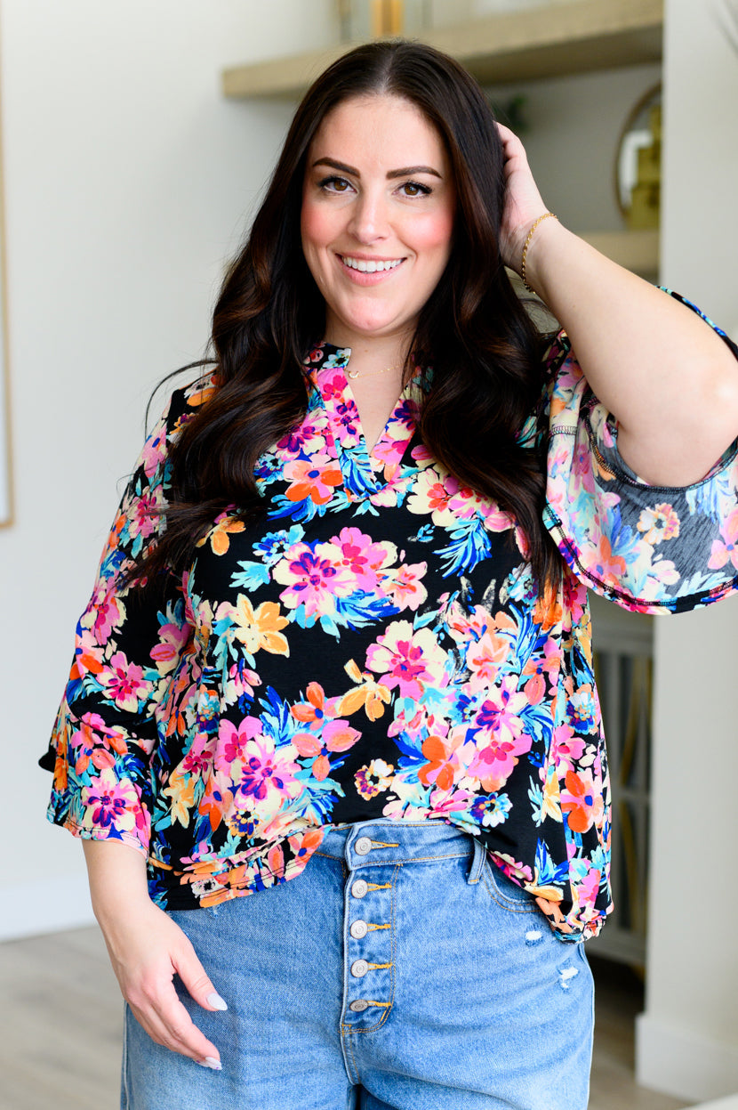 Explore More Collection - Lizzy Bell Sleeve Top Black and Teal Tropical Floral