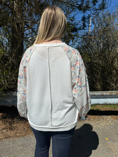 Blooms - A Crew Neck Long Sleeve Top with Floral Contrast