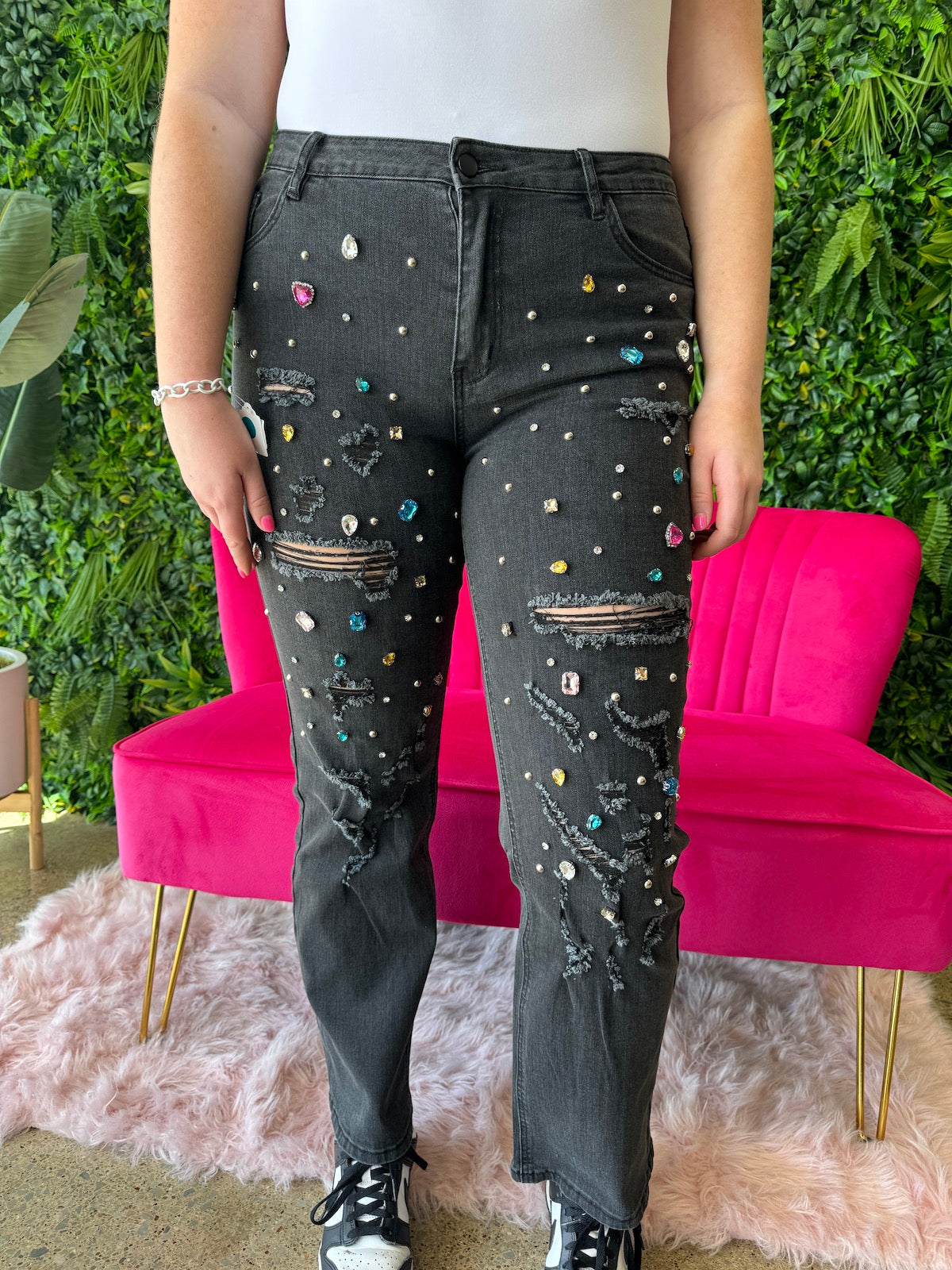 Sparkle - A Pair of High Waisted Rhinestone Embellished Straight Cut Denim Pants