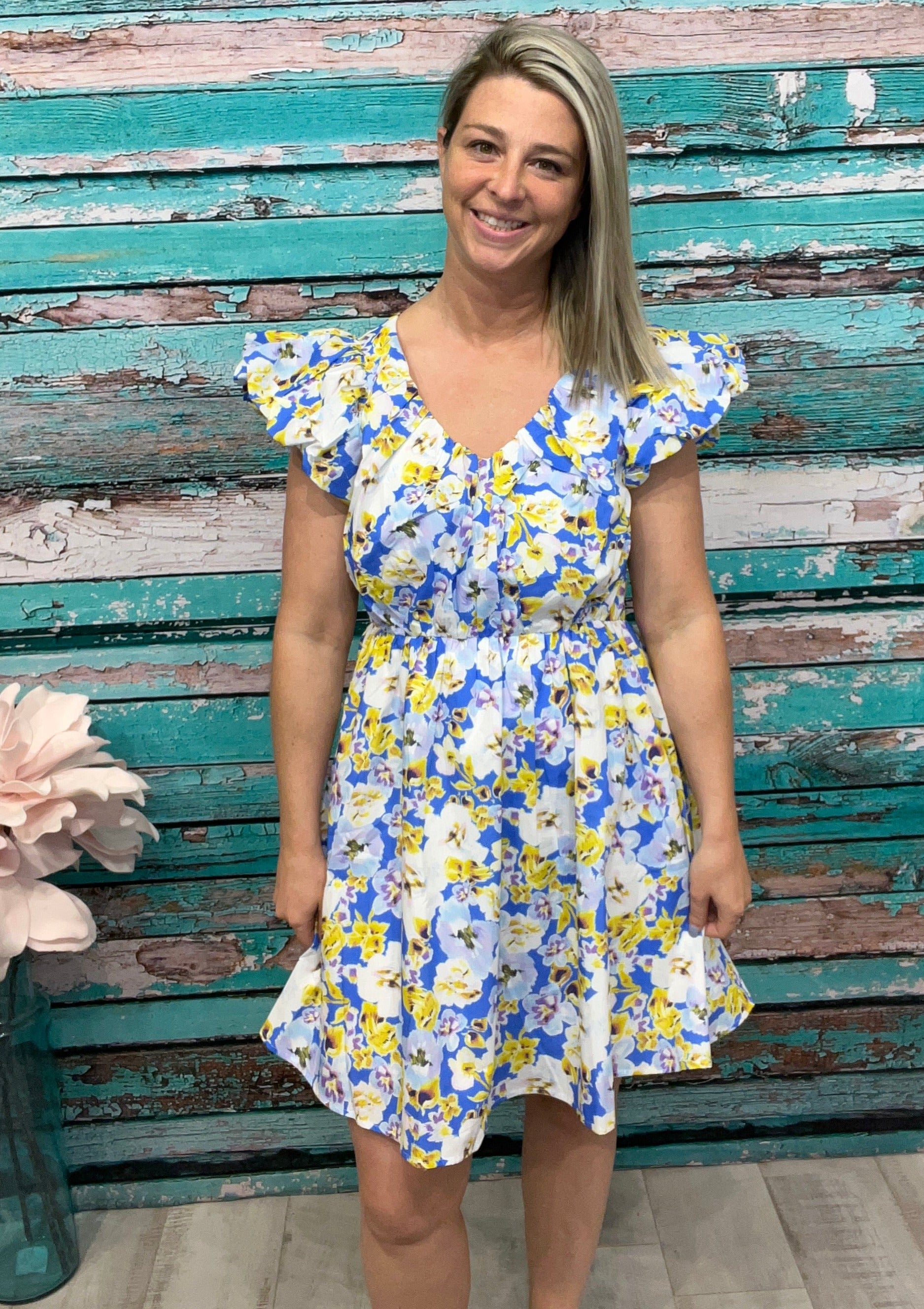 Carmen - A Flower Print Shirring Detail Mini Dress - Lizzie's Boutique