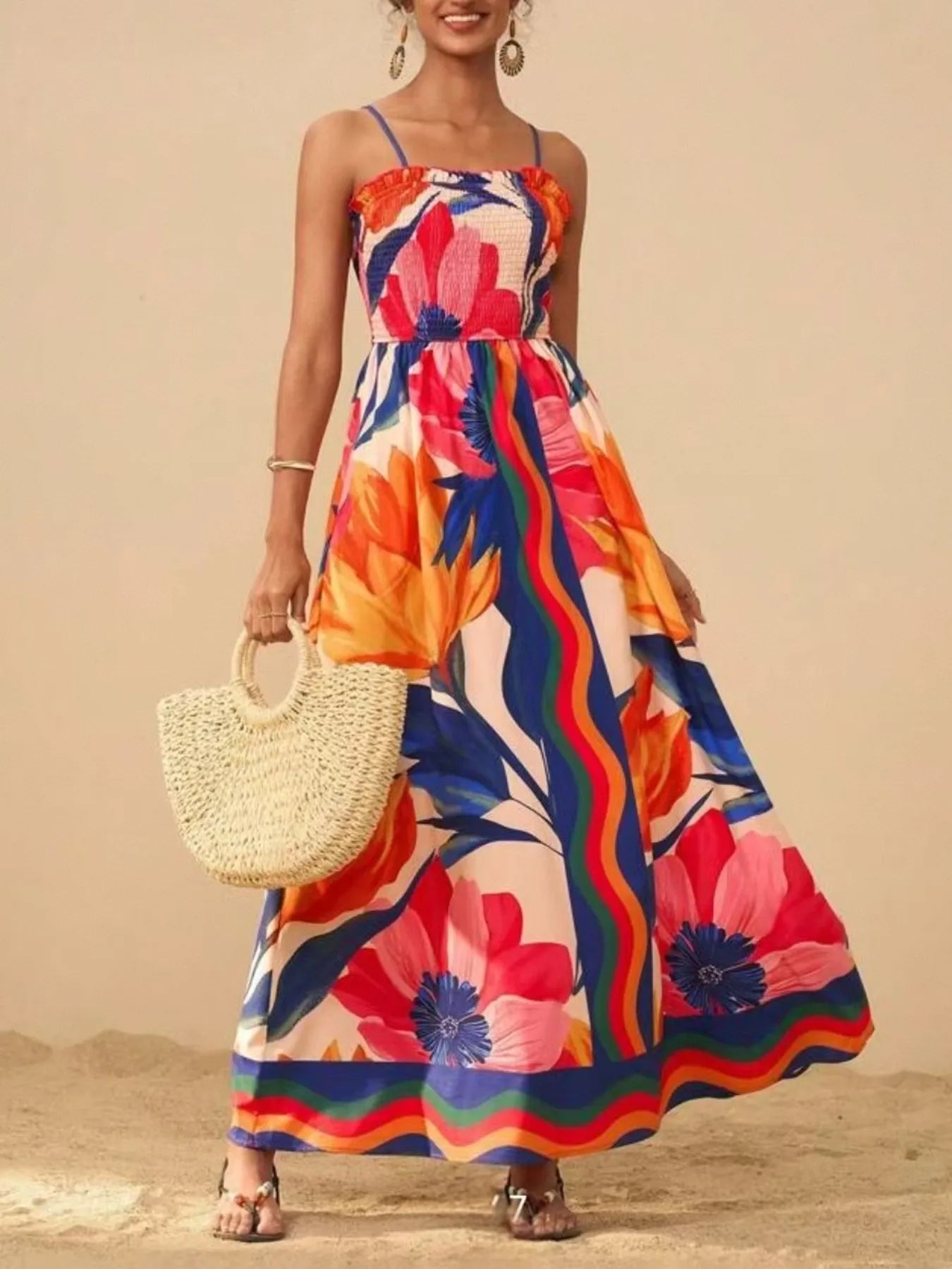 Smocked Printed Spaghetti Strap Maxi Summer Dress Red / XL