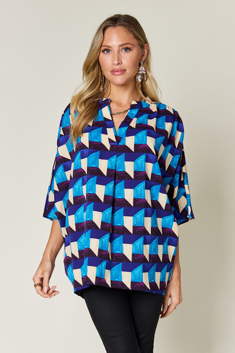 Explore More Collection - Double Take Full Size Geometric Notched Half Sleeve Blouse