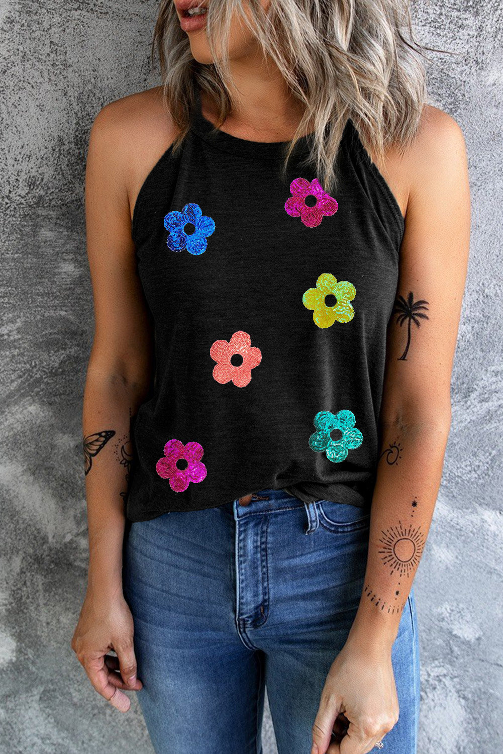 Explore More Collection - Sequin Flower Round Neck Tank