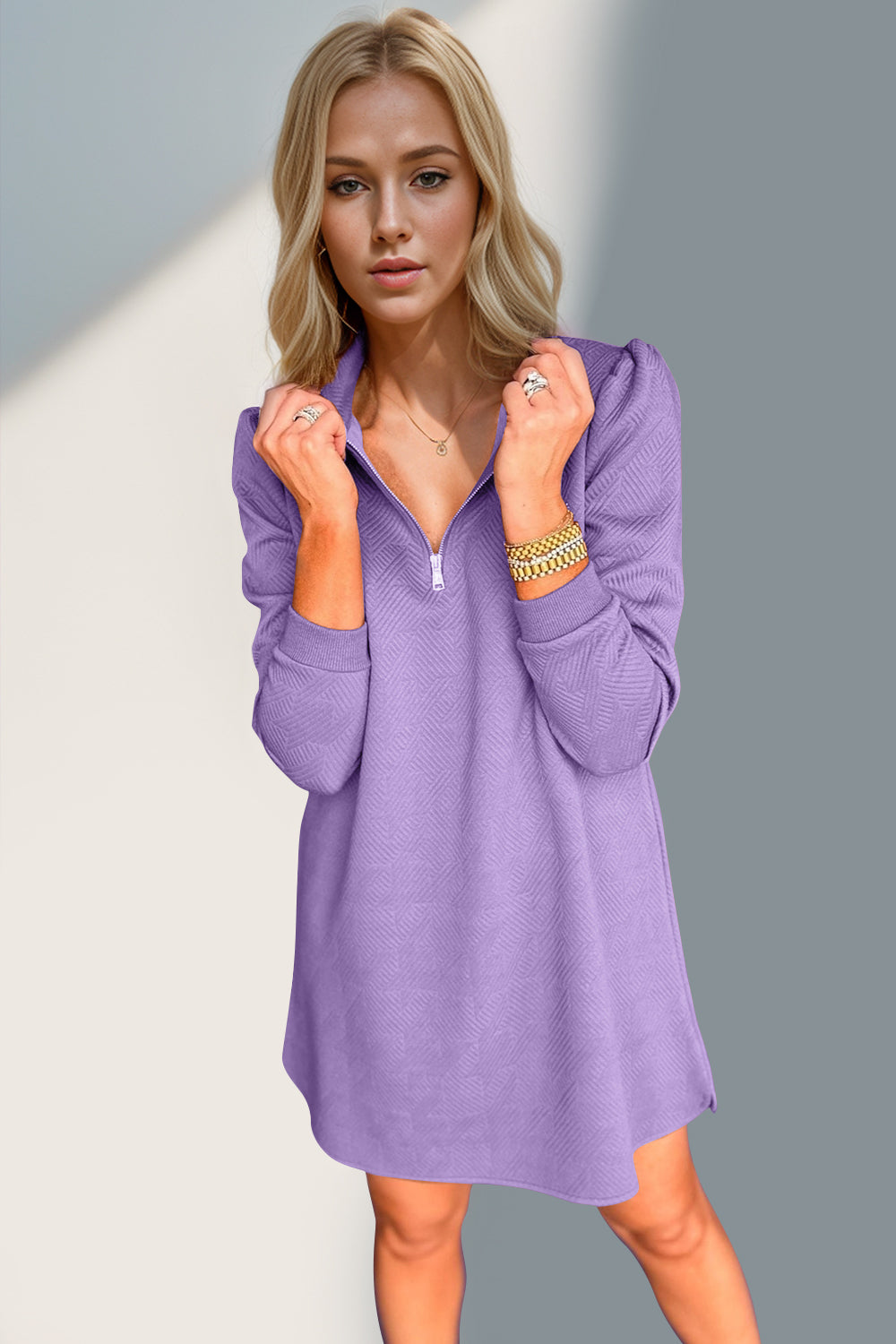 Wholesale MOQ6 Double Take Textured Quarter Zip Long Sleeve Dress