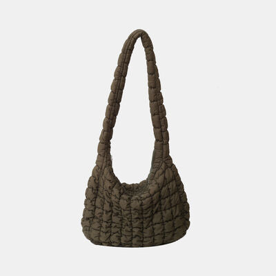 Explore More Collection - Quilted Pleated Plaid Shoulder Bag with Zipper