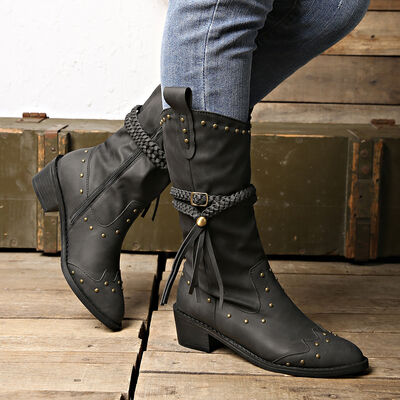 Explore More Collection - Studded PU Leather Block Heel Boots