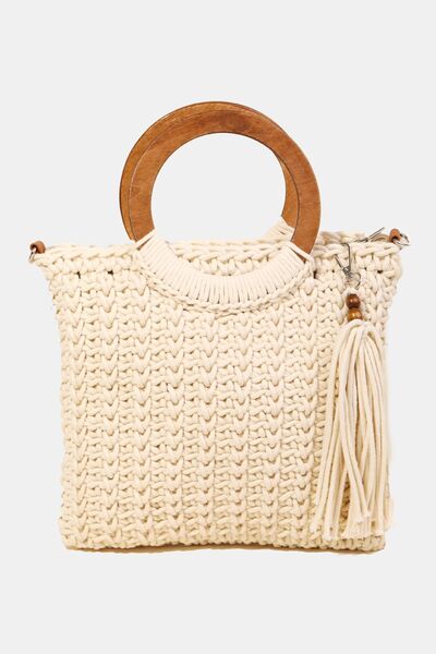 Explore More Collection - Fame Crochet Knit Convertible Tote Bag with Tassel