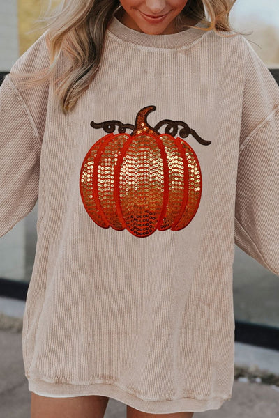 Explore More Collection - Sequin Pumpkin Round Neck Long Sleeve Sweatshirt