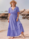 Explore More Collection - Plus Size Lace Detail Tie Neck Short Sleeve Maxi Dress