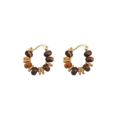 Retro Tiger Eye Stone Bead Hoop Earrings