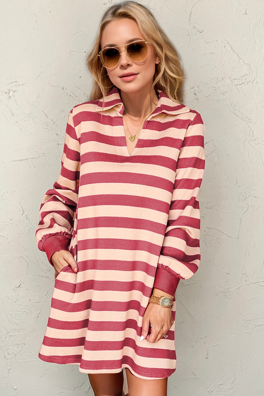 Explore More Collection - Double Take Full Size Striped Contrast Collared Neck Long Sleeve Dress