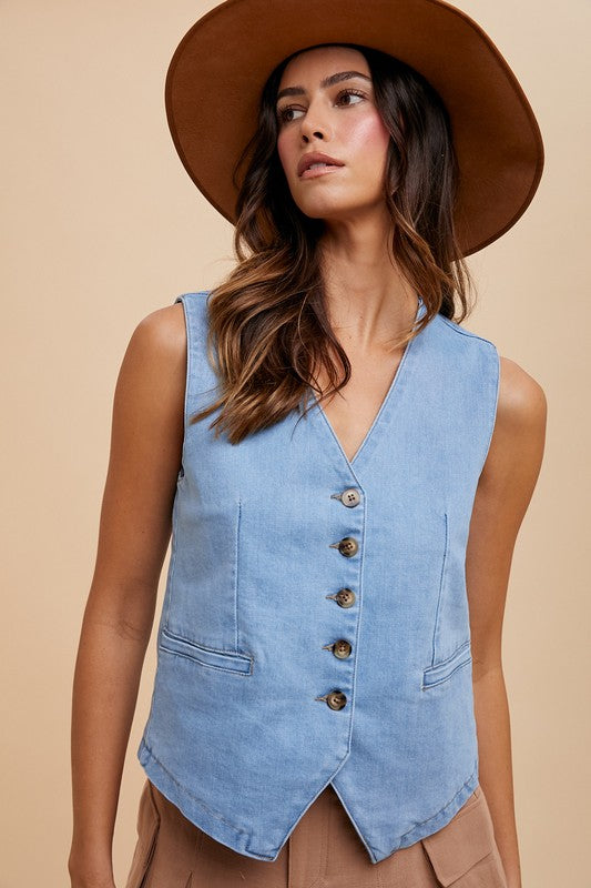 Explore More Collection - Annie Wear Button Down V-Neck Denim Vest