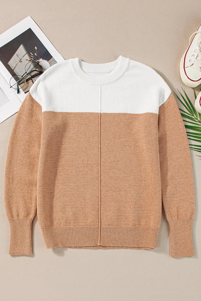 Explore More Collection - Color Block Round Neck Long Sleeve Sweater