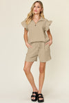 Explore More Collection - Double Take Full Size Texture Flounce Sleeve Top and Drawstring Shorts Set