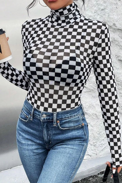 Explore More Collection - Checkered Turtleneck Long Sleeve Bodysuit