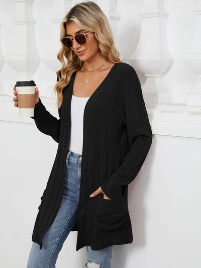 Explore More Collection - Pocketed Open Front Long Sleeve Cardigan