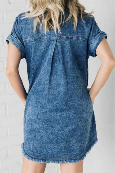 Explore More Collection - Raw Hem Pocketed Cap Sleeve Denim Dress