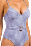 Explore More Collection - One Piece Buckle Belt embellish Denim Swimsuit