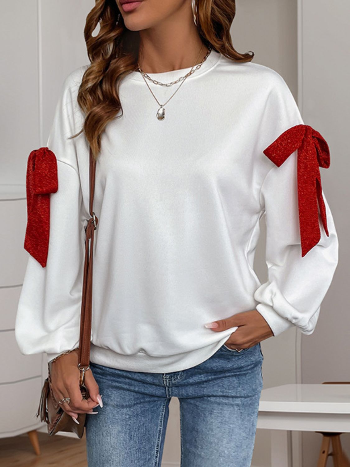 Explore More Collection - Bow Round Neck Long Sleeve Sweatshirt