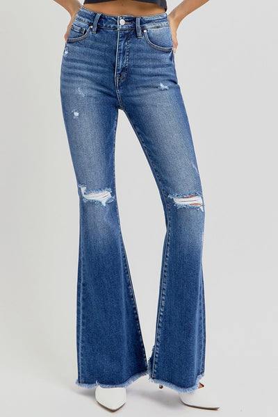 Explore More Collection - RISEN Full Size High Rise Distressed Raw Hem Flare Jeans