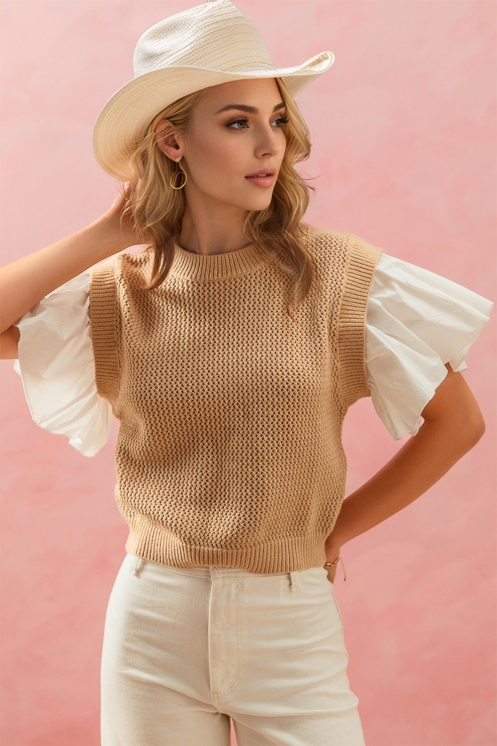 Explore More Collection - Oh Full Size Ruffled Round Neck Short Sleeve Sweater