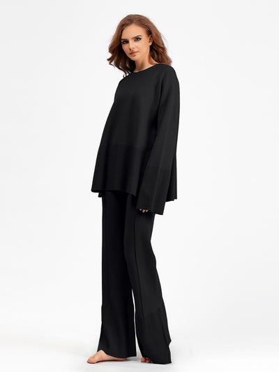 Explore More Collection - Basic Bae Slit Round Neck Long Sleeve Top and Drawstring Pants Sweater Set