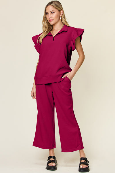 Explore More Collection - Double Take Texture Ruffle Short Sleeve Top and Drawstring Wide Leg Pants Set