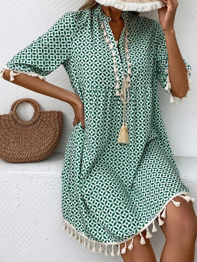 Explore More Collection - Tassel Printed Notched Half Sleeve Mini Dress