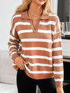 Explore More Collection - Many Striped Johnny Collar Long Sleeve Sweater