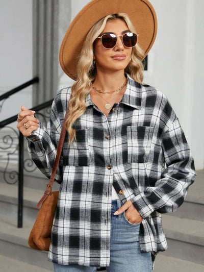 Explore More Collection - Plaid Collared Neck Long Sleeve Shirt