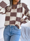 Explore More Collection - Checkered Mock Neck Long Sleeve Sweater