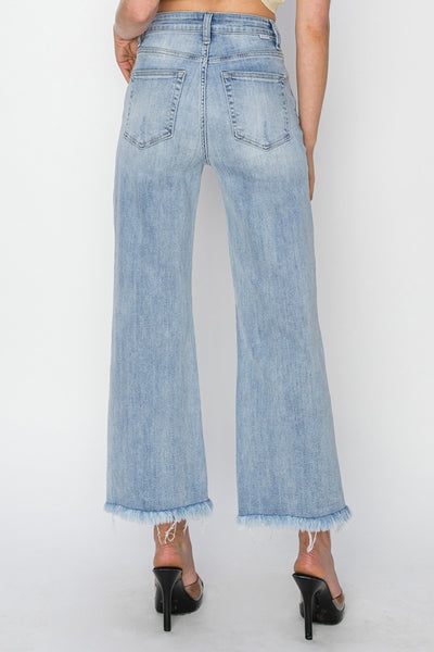 Explore More Collection - RISEN High Rise Crop Wide Fray Hem Jeans