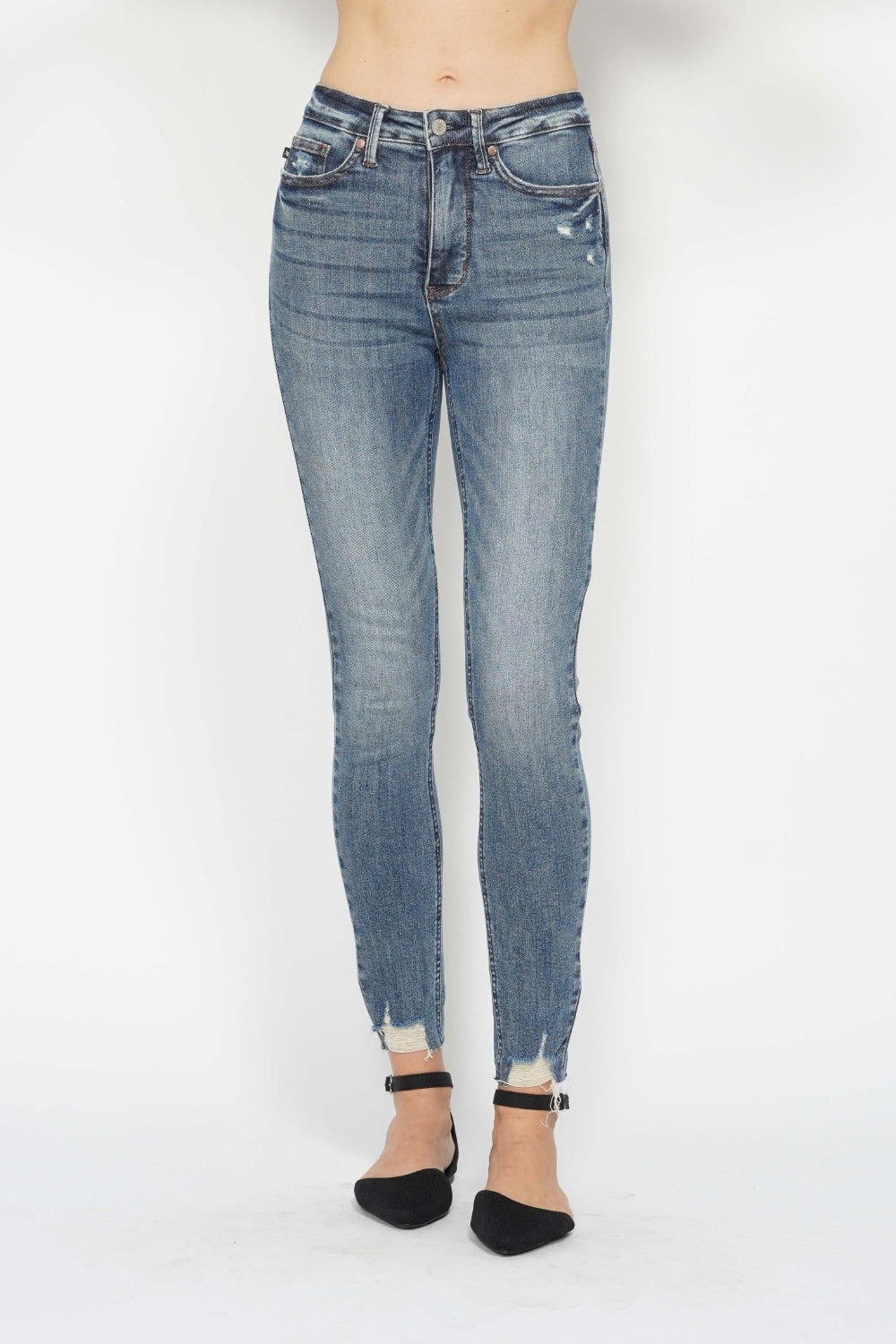 Explore More Collection - Judy Blue Full Size Tummy Control Vintage Wash Hem Destroy Skinny Jeans