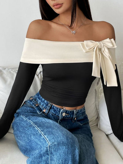 Explore More Collection - Perfee Bow Contrast Off-Shoulder Long Sleeve Top