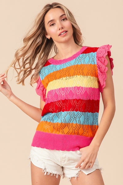 Explore More Collection - BiBi Pointelle Striped Ruffled Knit Top