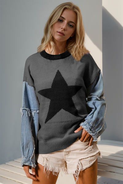 Explore More Collection - Double Take Full Size Star Pattern Raw Edge Long Sleeve Sweater