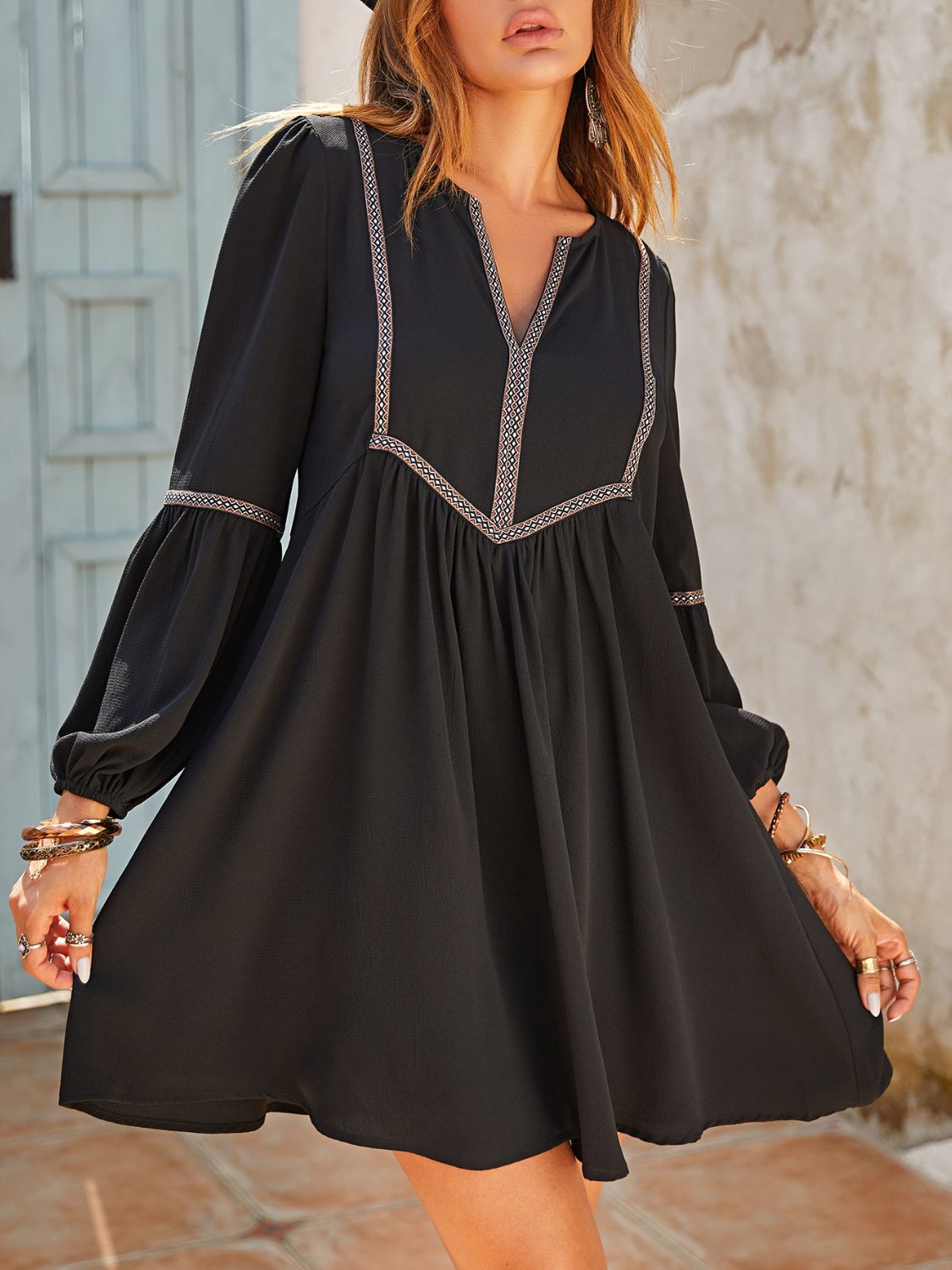 Explore More Collection - Ruched Notched Long Sleeve Mini Dress