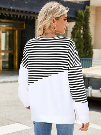 Explore More Collection - Slit Contrast Striped Long Sleeve Sweatshirt