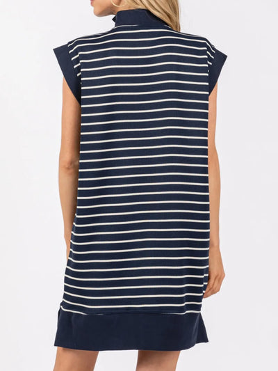 Explore More Collection - Full Size Pocketed Striped Quarter Zip Cap Sleeve Dress