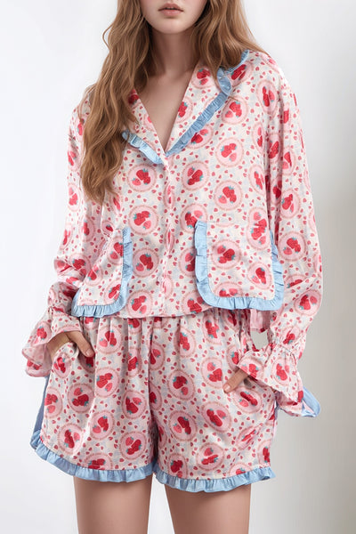 Explore More Collection - Valentine’s Day Frill Strawberry Print Flounce Sleeve Top and Shorts Lounge Set