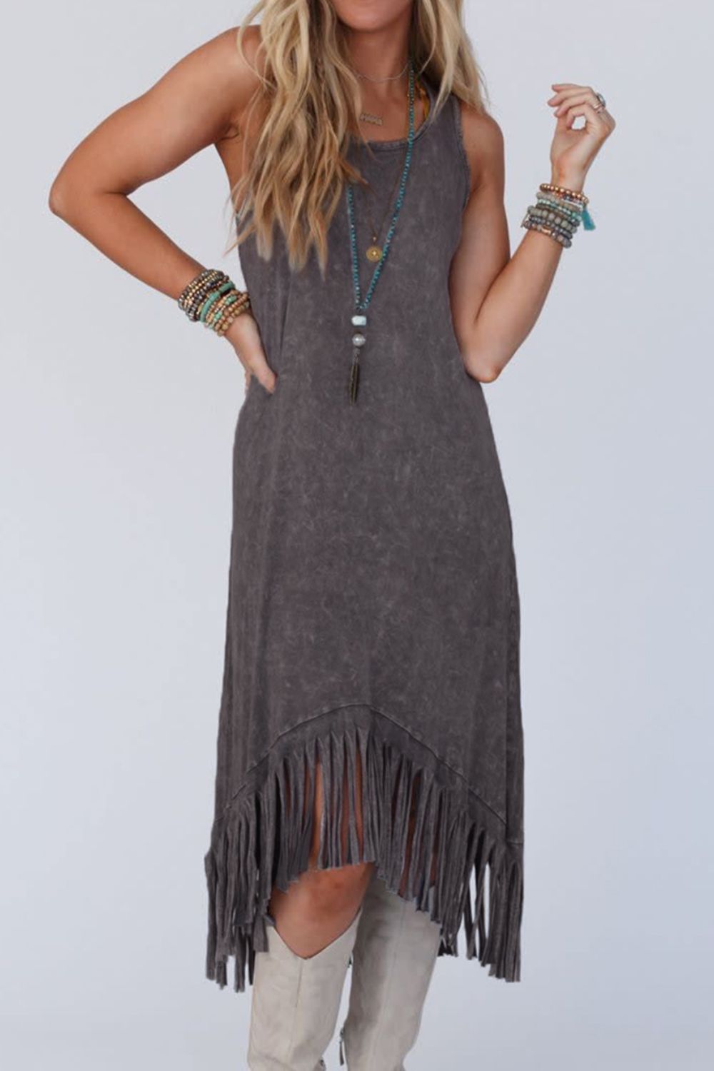 Explore More Collection - Tassel Round Neck Sleeveless Midi Dress